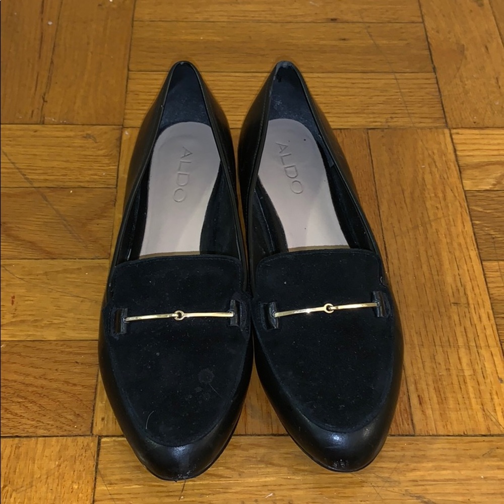 Black leather flats with suede detail